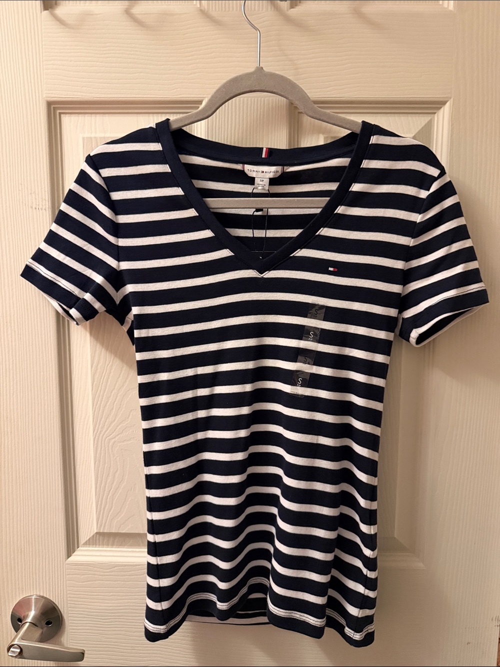 Tommy Hilfiger Navy & White Striped V-Neck Tee